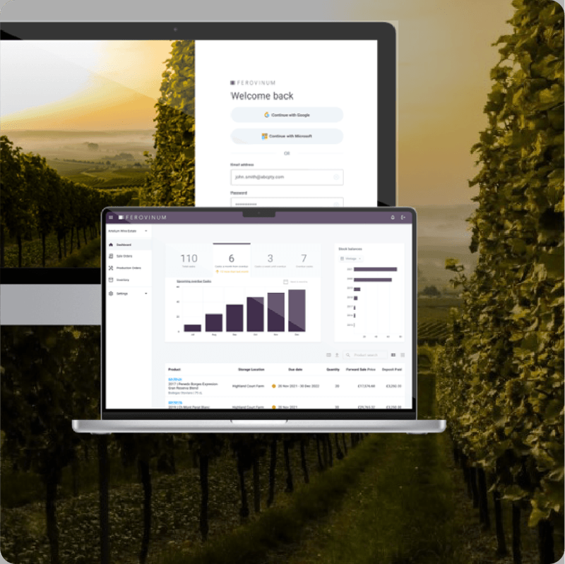 The Ferovinum platform over a vineyard, showing a stock and sale-order dashboard with forward sale prices and deposit balances.