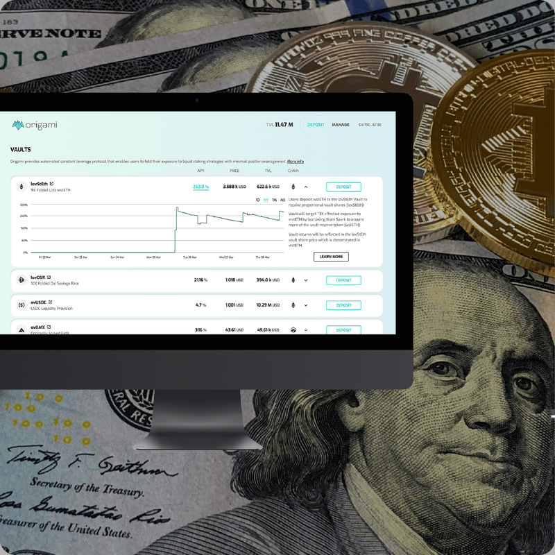 The Origami protocol interface listing leveraged vaults with their yield, price, and total value locked.