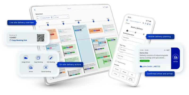 The Veyor platform, showing a site delivery schedule on tablet alongside the mobile booking flow, with live delivery overview and on-site delivery actions called out.